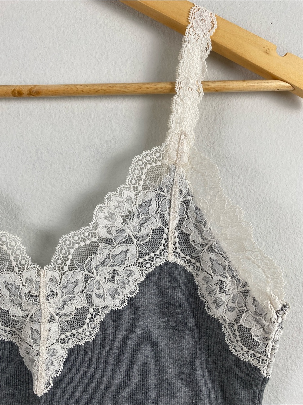 Abercrombie & Fitch Lace Embroidered Ribbed Camisole/Tank Top | Gray/Ivory - Picture 10 of 16